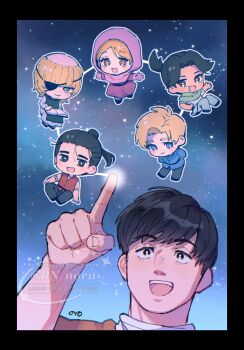  2girls 4boys albert_brudzewski_(chi.) arms_behind_back badeni black_eyes black_hair black_pants black_tabard blonde_hair blue_eyes blue_jacket blunt_bangs bn_noru book brown_eyes capelet chi.:_chikyuu_no_undou_ni_tsuite chibi chibi_inset closed_mouth commentary draka_(chi.) dress eyepatch full_body gloves green_scarf hair_bun highres holding holding_book hood hood_up hooded_capelet jacket jolenta medium_hair multiple_boys multiple_girls oczy open_book open_mouth pants parted_lips pink_capelet pink_dress pink_gloves pointing ponytail rafal_(chi.) reading red_vest robe scar scar_on_face scar_on_mouth scar_on_nose scarf shirt short_hair short_ponytail sitting sky smile star_(sky) starry_sky swept_bangs symbol-only_commentary tabard tan teeth tonsure twitter_username updo upper_body upper_teeth_only vest white_robe white_shirt 