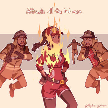 1girl 3boys black_eyes black_gloves black_helmet breast_pocket brown_hair brown_jacket burning charizard closed_mouth commentary dynamax english_commentary english_text female_protagonist_(pokemon_go) fingerless_gloves fire fire_extinguisher firefighter firefighter_helmet firefighter_jacket gen_1_pokemon gigantamax gigantamax_charizard gloves hat helmet holding holding_fire_extinguisher holding_hose hose in_pocket jacket long_hair looking_at_another lydia_ling multiple_boys nintendo pocket pokemon pokemon_(creature) pokemon_focus pokemon_go ponytail red_hat red_jacket smile smug