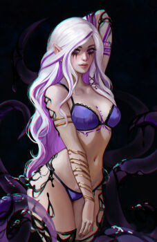  1girl arm_up bare_shoulders body_markings bra bracelet breasts cinderone closed_mouth collarbone commentary cowboy_shot english_commentary highres jewelry large_breasts long_hair multicolored_hair nail_polish navel original panties pink_bra pink_eyes pink_hair pink_nails pink_panties pointy_ears second-party_source smile stomach two-tone_hair underwear white_hair 