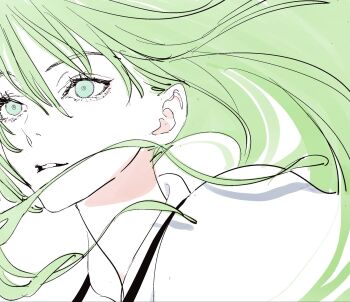  1other androgynous commentary english_commentary enkidu_(fate) eyelashes fate/strange_fake fate_(series) floating_hair green_eyes green_hair highres long_hair needbee_r parted_lips robe upper_body very_long_hair white_background white_robe 