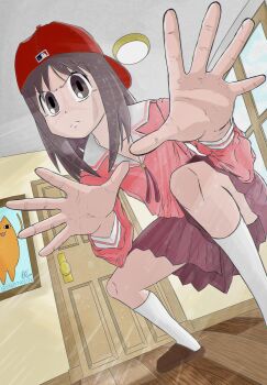  1girl absurdres artist_name azumanga_daioh's_school_uniform azumanga_daiou backwards_hat baseball_cap brown_eyes brown_hair brown_shoes ceiling ceiling_light collarbone commentary door english_commentary fred_durst hat highres indoors kasuga_ayumu limp_bizkit long_sleeves looking_at_viewer medium_hair mihama_chiyo's_father pink_shirt pink_skirt pleated_skirt pose_imitation ribbon sailor_collar school_uniform shirt shoes skirt socks squatting strittposter white_socks window wooden_floor 
