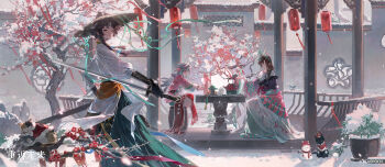  3girls absurdres architecture black_cat black_gloves bug butterfly butterfly_hair_ornament butterfly_on_hand calico_(pattern) calico_cat cat chinese_commentary chinese_new_year coat commentary_request cone_hair_bun copyright_name copyright_notice cup dao double_bun east_asian_architecture face_chain flower gloves green_hairband green_robe green_skirt grey_hair hair_bun hair_ornament hairband hat headband highres holding holding_cup holding_sheath holding_sword holding_weapon insect lantern lattice liang_yue_(reverse:1999) logo long_braid mini_snowman multiple_girls official_alternate_costume official_art on_stool paper_lantern parted_lips pavilion pink_headband pink_shawl pink_shirt plant plum_blossoms potted_plant purple_hanfu red_eyes red_flower reverse:1999 rice_hat robe round_window rubuska shawl sheath shirt sitting skirt snow snowing stool sword table teapot tooth_fairy_(reverse:1999) tree unsheathed weapon white_coat window yellow_eyes 