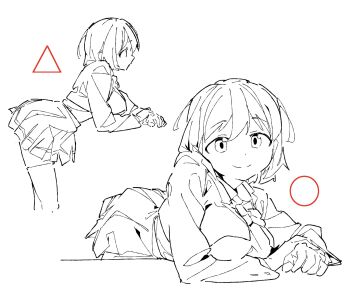  1girl bow bowtie breasts closed_mouth from_side graphite_(medium) highres how_to knees_up large_breasts light_smile monochrome oekakiism original shirt short_hair sketch skirt smile thighhighs traditional_media white_shirt 