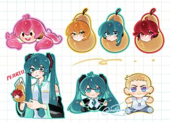  1boy 4girls akita_neru aqua_eyes aqua_hair blonde_hair blush character_doll chibi commentary doll eminem food fruit grid_background hatsune_miku holding holding_food holding_fruit kasane_teto looking_at_viewer megurine_luka multiple_girls octopus pale_skin pear pearto real_life red_hair reisame signature smile symbol-only_commentary takoluka triple_baka_(vocaloid) twintails utau vocaloid 