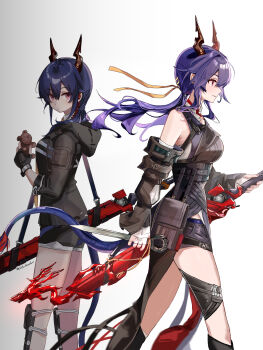  2girls absurdres arknights black_hoodie black_shorts blue_hair brown_eyes ch'en_(arknights) ch'en_the_dawnstreak_(arknights) commentary_request detached_sleeves highres hill_chuchu holding holding_knife holding_sword holding_weapon hood hood_down hoodie horns knife long_hair long_sleeves looking_at_another monochrome multiple_girls purple_hair red_eyes shorts simple_background smile stuffed_animal stuffed_toy sword weapon white_background 