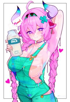  1girl ahoge animal_ears aqua_overalls arm_up armpits artist_name bandaid bandaid_on_cheek bandaid_on_face bell bell_earrings bicio black_hairband blush bottle braid breasts closed_mouth clothing_cutout collarbone commentary covered_navel cow_ears cow_girl cow_horns cowbell earrings english_commentary female_pubic_hair fingernails genshin_impact green_hairband hair_intakes hair_ornament hairband hairclip heart heart_in_eye highres hip_vent holding holding_bottle horns instagram_username jewelry large_breasts long_hair looking_at_viewer milk_bottle multicolored_hairband overalls patreon_username pink_eyes pink_hair pink_hairband pink_nails pubic_hair see-through_body see-through_clothes see-through_overalls sideboob single_earring smile solo speech_bubble symbol_in_eye thighs twin_braids twintails twitter_username varesa_(genshin_impact) white_background white_horns 