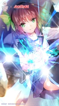  1girl aiming angel_beats! aura black_hairband black_thighhighs blue_skirt bow closed_mouth commentary copyright_logo copyright_notice cowboy_shot english_commentary eyelashes fighting_stance green_bow green_eyes gun hair_between_eyes hair_bow hairband handgun heaven_burns_red highres holding holding_gun holding_weapon key_(company) logo long_sleeves looking_at_viewer medium_hair miniskirt nakamura_yuri neckerchief official_art official_wallpaper outstretched_arms pink_neckerchief pleated_skirt purple_hair rubble serious shinda_sekai_sensen_uniform shirt sitting skirt solo straight_hair thighhighs v-shaped_eyebrows weapon white_shirt 