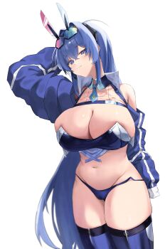  1girl absurdly_long_hair absurdres arm_up azur_lane bandeau bare_shoulders blue_bandeau blue_eyes blue_hair blue_necktie blue_panties blue_shrug blue_thighhighs blush breasts cleavage closed_mouth clothing_cutout commentary cowboy_shot crossed_bangs eyewear_on_head groin hair_between_eyes hair_intakes haming_(haming5645) highres large_breasts long_hair looking_at_viewer navel necktie new_jersey_(azur_lane) new_jersey_(black_blur_prelude)_(azur_lane) official_alternate_costume panties race_queen short_necktie shoulder_cutout shrug_(clothing) sidelocks skindentation smile solo standing stomach sunglasses symbol-only_commentary thighhighs underwear very_long_hair 