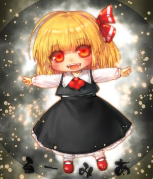  1girl black_skirt black_vest blonde_hair blush bow chibi chibi_only collared_shirt commentary_request full_body grey_background hair_bow is_that_so light_particles long_sleeves looking_at_viewer mary_janes misaki_(kyal_001) open_mouth orange_eyes outstretched_arms red_bow red_shoes rumia shirt shoes short_hair skirt smile socks solo spread_arms touhou vest white_shirt white_socks 