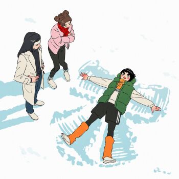  >_< 1girl 2boys black_hair black_leggings black_shirt black_shorts blue_pants blunt_bangs blush bowl_cut brown_hair coat cold colored_extremities crossed_arms double_bun from_above furrowed_brow green_vest hair_bun hands_on_own_hips headband highres hyuuga_neji knees_together_feet_apart leg_warmers leggings leggings_under_shorts long_coat long_hair looking_at_another lying m0_mo_momo multiple_boys naruto_(series) on_back open_mouth orange_leg_warmers orange_scarf outstretched_arms pants parted_bangs pink_coat red_hands red_scarf rock_lee scarf shirt shoes short_hair shorts smile snow snow_angel tenten_(naruto) thick_eyebrows vest white_coat white_eyes white_headband white_shirt white_shoes winter 