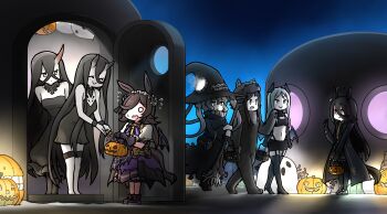 6+girls abyssal_ship animal_costume animal_ears bat_wings battleship_princess battleship_water_oni black_dress black_hair black_nightgown blank_eyes broom brown_hair candy closed_eyes commission crossover demon_costume dress food halloween halloween_bucket halloween_costume hamu_koutarou hat highres horns kantai_collection manhattan_cafe_(umamusume) multiple_girls nightgown pale_skin pixiv_commission pumpkin rice_shower_(vampire_makeover!)_(umamusume) rice_shower_(umamusume) ru-class_battleship single_horn smile ta-class_battleship umamusume white_hair wings witch witch_hat wo-class_aircraft_carrier wolf_costume