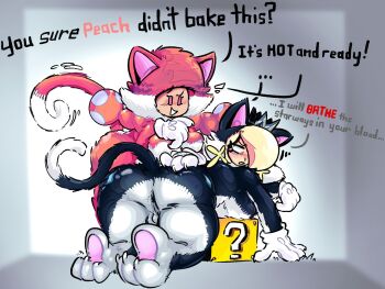  2girls animal_costume animal_ears anus ass blonde_hair blush breast_press breasts cat_costume cat_ears cat_tail crown embarrassed grabbing_another's_ass groping huge_ass huge_breasts long_hair mario_(series) multiple_girls nintendo pointy_ears rosalina smile tail toadette twintails 