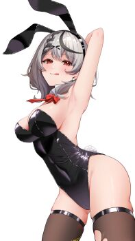 1girl :p alternate_costume animal_ears arm_up armpit_focus armpits bare_shoulders black_hair black_leotard black_thighhighs bow bowtie braid breasts cowboy_shot detached_collar earrings fake_animal_ears grey_hair hair_ornament highres hololive jewelry large_breasts leotard looking_at_viewer medium_hair multicolored_hair myonchi playboy_bunny presenting_armpit rabbit_ears rabbit_tail red_bow red_bowtie red_eyes revision sakamata_chloe simple_background solo strapless strapless_leotard streaked_hair tail thighhighs thighs tongue tongue_out virtual_youtuber white_background x_hair_ornament rating:Sensitive score:21 user:danbooru
