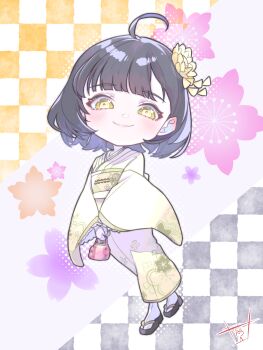  1girl absurdres ahoge bag black_hair commentary_request deformed floral_background flower green_sash hair_flower hair_ornament highres holding holding_bag japanese_clothes kimono kirisaki_nuko looking_at_viewer obi obijime orange_background parerdemia_gakuen pink_background pink_bag sakuraba_una sandals sash short_hair socks solo tabi virtual_youtuber white_kimono white_socks yellow_eyes yellow_flower zouri 