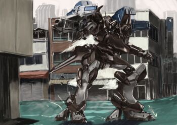  armored_core building gun highres holding holding_gun holding_weapon mecha mecha_focus no_humans outdoors rifle robot science_fiction tyokugekidato weapon 