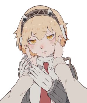  1girl 1other absurdres aigis_(persona) android blonde_hair blush dark_persona gold_hairband hair_between_eyes hairband hands_on_another's_face hands_on_another's_hand highres joints looking_at_viewer mechanical_arms necktie nose_blush parted_lips persona persona_4:_the_ultimate_in_mayonaka_arena persona_4:_the_ultimax_ultra_suplex_hold portrait pov pov_hands red_necktie robot_ears robot_joints shadow_(persona) shadow_aegis shirt short_hair simple_background solo_focus tbjj1208 white_background white_shirt wing_collar yellow_eyes 