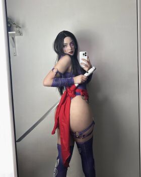 1girl ass black_hair bouncing_ass cosplay curvy female_focus ghostidoll highleg highleg_leotard highres indoors leotard lying marvel marvel_rivals on_side psylocke psylocke_(cosplay) psylocke_(marvel_rivals) purple_leotard purple_thighhighs real_life revealing_clothes selfie smile solo thick_thighs thighhighs thighs thong_leotard wide_hips x-men rating:Sensitive score:14 user:popotepopote