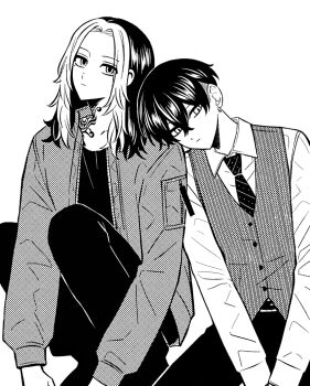  2boys collared_shirt earrings greyscale hair_between_eyes hanemiya_kazutora highres jewelry long_hair long_sleeves male_focus matsuno_chifuyu mole mole_under_eye monochrome multicolored_hair multiple_boys neck_tattoo necktie ocolayapap shirt short_hair simple_background single_earring sitting striped_clothes striped_necktie tattoo tiger_tattoo tokyo_revengers two-tone_hair vest 