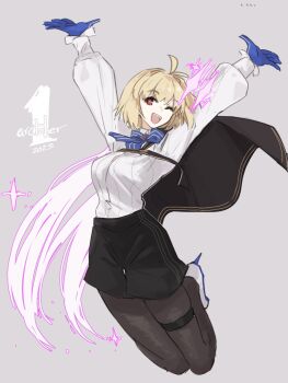 1girl arcueid_brunestud arms_up black_pantyhose black_skirt blonde_hair breasts cowboy_shot full_body grey_background highres jonyeld midair one_eye_closed open_mouth pantyhose red_eyes shirt short_hair simple_background skirt solo tsukihime tsukihime_(remake) white_shirt rating:General score:3 user:danbooru