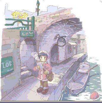  1girl arch bag black_eyes black_hair blunt_bangs blush boat breath bridge brown_bag brown_mittens brown_shoes buoy canal clipboard closed_mouth coat commentary_request day dot_mouth fur-trimmed_coat fur_trim hat holding holding_clipboard lamppost long_sleeves mittens oekaki original outdoors paint_chat_(medium) pants path railing red_coat road rope rowboat scenery shoes short_hair shoulder_bag sign solo stairs standing stone_wall town tree waka_(sagi) water watercraft white_hat wide_shot winter_clothes 