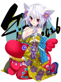  1girl :d animal_ear_fluff animal_ears bare_shoulders blue_background breasts brown_kimono cat_ears chinese_zodiac commentary_request floral_print flower frilled_sleeves frills full_body hair_between_eyes hair_flower hair_ornament highres japanese_clothes kimono large_breasts long_sleeves nengajou new_year open_mouth original print_kimono purple_eyes purple_flower purple_sandals red_thighhighs saibashi sandals sleeves_past_wrists smile solo thighhighs two-tone_background white_background white_hair wide_sleeves year_of_the_horse 