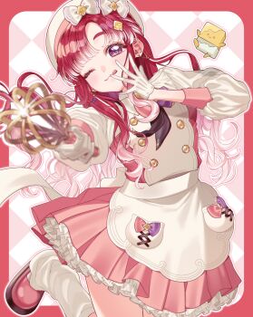  1girl absurdres apron argyle_background beret blurry blurry_foreground border bow buttons depth_of_field double-breasted dress gloves gradient_hair hat hat_bow highres leg_warmers long_hair looking_at_viewer maid maid_apron multicolored_hair nijisanji one_eye_closed pink_dress pocket purple_eyes red_border red_hair roarroa saotome_berry saotome_berry_(1st_costume) side_part smile solo streaked_hair tongue tongue_out two-tone_hair virtual_youtuber white_apron white_gloves white_hat 