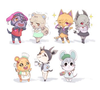  6+girls :3 @_@ animal_crossing animal_ears animal_nose apron beret black_eyes black_hair black_skirt bow brown_eyes brown_hair cat_ears cat_girl cat_tail chef_hat chibi chibi_only commentary_request dress drill_hair eyepatch fang furrification furry furry_female gazelle_ears gazelle_girl gazelle_horns green_dress green_hat grey_hair hat hayami_kanade hayasaka_mirei highres holding holding_paint_palette holding_paintbrush holding_whisk horns idolmaster idolmaster_cinderella_girls kanzaki_ranko mole mole_under_eye morikubo_nono mouse_ears mouse_girl mouse_tail multiple_girls narumiya_yume necktie ninomiya_asuka nintendo one_eye_closed open_mouth paint_palette paintbrush parody pink_eyes red_eyes ryuzaki_kaoru short_hair simple_background skirt smile squirrel_ears squirrel_girl squirrel_tail standing star_(symbol) star_in_eye symbol_in_eye tail tail_bow tail_ornament twin_drills whisk white_background yuihan-nyanchu 