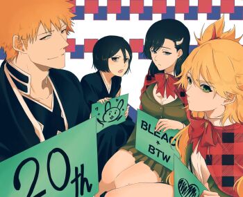 1boy 3girls anniversary azureturtle1 bad_id bad_twitter_id black_eyes black_hair bleach blonde_hair blue_eyes breasts burn_the_witch capelet chappy frown green_eyes green_jacket heart highres in-franchise_crossover jacket kuchiki_rukia kurosaki_ichigo large_breasts long_hair multiple_girls niihashi_noel ninny_spangcole open_mouth orange_eyes orange_hair plaid_capelet plaid_clothes pleated_skirt red_capelet shihakusho short_hair skirt small_breasts smile
