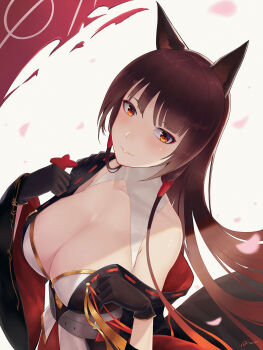  1girl akagi_(azur_lane) alexiel_(pixiv6211566) animal_ears azur_lane blush breasts brown_hair cleavage commentary_request dated female_focus fox_ears fox_girl fox_tail gloves highres holding japanese_clothes large_breasts long_hair looking_at_viewer multiple_tails parted_lips red_eyes revision signature smile solo tail upper_body wide_sleeves  rating:Sensitive score:20 user:danbooru