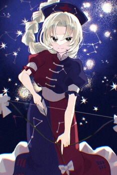  1girl arrow_(projectile) blue_dress blue_hat bow_(weapon) breasts cassiopeia_(constellation) closed_mouth commentary_request constellation constellation_print cross curtained_hair drawing_bow dress floating_hair grey_eyes hat high_collar highres holding holding_arrow holding_bow_(weapon) holding_weapon katsuragi_atori large_breasts light_blush long_braid long_hair looking_at_viewer nurse_cap parted_bangs puffy_short_sleeves puffy_sleeves red_cross red_dress ribbon sash short_sleeves sleeve_ribbon smile solo standing star_(sky) touhou trigram twitter_username two-tone_dress waist_sash weapon white_hair white_ribbon white_sash yagokoro_eirin 