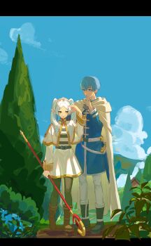  1boy 1girl absurdres belt black_belt black_boots black_border black_pantyhose blue_flower blue_hair blue_jacket blush boots border brown_boots capelet cloak commentary_request earrings elf flower frieren full_body gold_trim green_eyes grey_pants hair_between_eyes hair_over_shoulder hand_on_another's_head hand_on_own_chin highres himmel_(sousou_no_frieren) holding holding_staff jacket jewelry long_hair looking_at_another outdoors pants pantyhose pointy_ears shirt short_hair silver_trim skirt sousou_no_frieren staff striped_clothes striped_shirt sword twintails weapon white_capelet white_cloak white_hair white_jacket white_skirt yiguanli123 