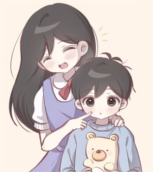  1boy 1girl alternate_costume antenna_hair black_eyes black_hair blue_sweater blush brother_and_sister brown_background cheek_poking closed_mouth collared_shirt commentary double-parted_bangs hair_between_eyes highres holding holding_stuffed_toy long_hair long_sleeves mari_(faraway)_(omori) mari_(omori) omori open_mouth overall_skirt overalls poking purple_overalls shirt short_hair short_sleeves siblings simple_background smile stuffed_animal stuffed_toy sunny_(omori) sweater symbol-only_commentary teddy_bear teeth tongue upper_teeth_only white_shirt wktdms1 