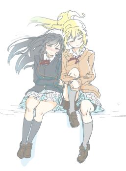  2girls bike_shorts bike_shorts_under_skirt black_hair blonde_hair blush breasts brown_cardigan cardigan chair closed_eyes collared_shirt commentary dress_shirt earphones feet_on_chair floating_hair full_body grey_eyes grey_skirt hair_ornament half-closed_eyes highres hugging_own_legs knee_up large_breasts leaning_to_the_side long_hair loose_neck_ribbon love_live! love_live!_nijigasaki_high_school_idol_club miniskirt miyashita_ai multiple_girls neck_ribbon necosaghi nijigasaki_school_uniform nose_blush one_side_up plaid_clothes plaid_skirt pleated_skirt ponytail red_ribbon ribbon school_uniform shared_earphones shirt simple_background skirt triangle_hair_ornament white_background white_shirt white_skirt winter_uniform yuki_setsuna yuri 