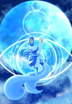  1other blue_fur closed_eyes commentary_request facing_viewer floating forked_tail full_moon furry gen_6_pokemon highres mega_meowstic mega_pokemon meowstic moon natu_a0z0ra nintendo pokemon pokemon_(creature) pokemon_focus solo split-color_fur tail white_fur 