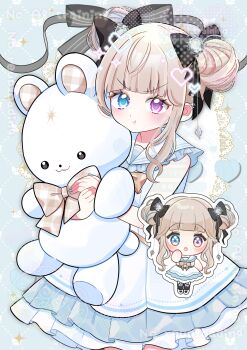  1girl :o :t absurdres bare_shoulders blue_background blue_eyes blunt_bangs blush brown_hair character_request chibi closed_mouth commentary commentary_request commission copyright_request cowboy_shot double_bun dress english_commentary frilled_dress frilled_sailor_collar frills hair_bun heterochromia highres holding holding_stuffed_toy looking_at_viewer mixed-language_commentary multiple_views open_mouth pink_eyes sailor_collar sailor_dress short_hair skeb_commission sleeveless sleeveless_dress stuffed_animal stuffed_toy teddy_bear wataco_coco watermark white_dress white_sailor_collar 