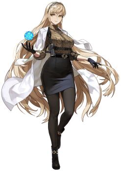  1girl belt black_belt black_boots black_gloves black_hairband black_pantyhose black_skirt blonde_hair boots breasts brown_sweater chest_harness coat coat_on_shoulders demeter_(fate) earrings fate/grand_order fate_(series) full_body game_cg glasses gloves gun hairband handgun harness highres holster jewelry large_breasts long_hair looking_at_viewer necklace official_art okojo outline pantyhose second-party_source skirt solo standing standing_on_one_leg sweater tachi-e transparent_background turtleneck turtleneck_sweater very_long_hair weapon white_coat white_outline yellow_eyes 