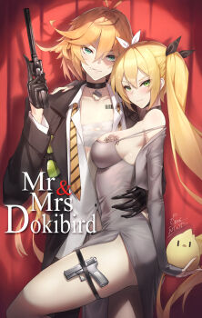  2girls alternate_breast_size_(larger) arm_around_waist barcode barcode_tattoo black_choker black_coat black_gloves black_ribbon blonde_hair breast_tattoo breasts chest_sarashi chest_tattoo choker closed_mouth coat collared_shirt commentary cropped_jacket cross diagonal-striped_clothes diagonal-striped_necktie dokibird dragoon_(dokibird) dress dress_shirt dual_persona fang flower_tattoo gainoob gloves green_eyes grey_dress grey_jacket gun hair_between_eyes hair_ribbon half_gloves hand_on_another's_shoulder hand_on_another's_waist handgun highres holding holding_gun holding_weapon indie_virtual_youtuber jacket large_breasts long_hair long_sleeves looking_at_viewer mr._and_mrs._smith multiple_girls necktie open_clothes open_coat parody partially_unbuttoned pendant_choker revolver ribbon sarashi shirt short_hair side_slit signature skin_fang skindentation sleeveless sleeveless_dress sleeveless_shirt small_breasts smile standing strap_slip striped_clothes tattoo thigh_strap trigger_discipline undone_necktie v-shaped_eyebrows very_long_hair virtual_youtuber weapon white_ribbon white_shirt yellow_necktie 