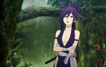  1girl breasts cleavage collarbone jigokuraku open_mouth purple_eyes purple_hair solo stitched sword third-party_edit weapon yuzuriha_(jigokuraku) 