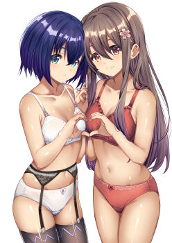 2girls :o absurdres bare_arms bare_shoulders blue_hair bow bow_panties bra breasts brown_eyes brown_hair brown_thighhighs character_request cleavage closed_mouth collarbone commentary_request commission garter_belt green_eyes groin hands_up heart heart_hands heart_hands_duo highres holding_hands interlocked_fingers long_hair mad_(hazukiken) medium_breasts multiple_girls navel panties parted_lips pixiv_commission red_bra red_panties rick_g_earth short_hair skindentation smile takematsu_iori thighhighs underwear underwear_only very_long_hair white_bra white_panties 