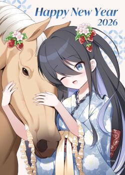  1girl 2026 ;d animal black_hair blue_eyes blue_hair blush brown_background chinese_zodiac commentary_request floral_print flower food-themed_hair_ornament frilled_sleeves frills grey_kimono hair_between_eyes hair_flower hair_ornament happy_new_year highres horse japanese_clothes kimono komi_zumiko long_hair long_sleeves multicolored_hair new_year obi one_eye_closed open_mouth original print_kimono sash smile solo strawberry_blossoms strawberry_hair_ornament two-tone_hair very_long_hair white_flower wide_sleeves year_of_the_horse 