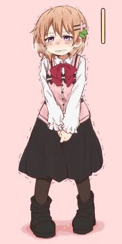  1girl between_legs black_boots black_pantyhose black_skirt blush boots bow bowtie breath clenched_teeth embarrassed female_focus flower full_body gochuumon_wa_usagi_desu_ka? hair_flower hair_ornament hairclip half-closed_eyes hand_between_legs have_to_pee highres hoto_cocoa long_sleeves nose_blush orange_hair own_hands_together pantyhose parted_lips peeing peeing_self pigeon-toed pink_background pink_flower pink_vest ponnu_(tnpn2yw) purple_eyes red_bow red_bowtie school_uniform shirt short_hair simple_background skirt solo standing sweat tears teeth urine_meter v_arms vest white_shirt 