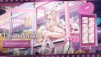  1girl ahoge arm_up armpits artist_request azur_lane bandaid bandaid_on_leg breasts commentary copyright_name crane_game dress english_commentary fur_trim green_eyes hair_between_eyes highres holding long_hair looking_at_viewer manjuu_(azur_lane) medium_breasts multiple_expressions navel official_art pink_hair see-through_clothes socks solo thighs ugolino_vivaldi_(an_unexpected_catch)_(azur_lane) ugolino_vivaldi_(azur_lane) white_socks 