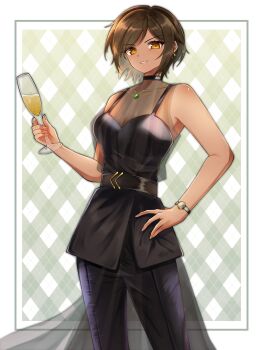  1girl absurdres armpits bare_shoulders belt black_choker black_dress brown_hair champagne_flute choker commentary cowboy_shot cup dress drinking_glass earrings hand_on_own_hip highres jewelry limbus_company looking_at_viewer monosirofj necklace official_alternate_costume open_mouth outis_(project_moon) project_moon short_hair sleeveless solo standing symbol-only_commentary watch wristwatch 