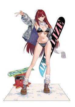  1girl akane_lize arm_up bikini black_bikini black_eyes blonde_hair boots breasts brown_boots character_name commentary_request down_jacket earrings full_body gluteal_fold goggles grey_jacket grin highleg highleg_bikini highres holding_snowboard hongcasso jacket jewelry korean_commentary large_breasts long_hair long_sleeves looking_at_viewer mole mole_on_cheek multicolored_hair navel octopus open_clothes open_jacket open_mouth outstretched_arm pienna_(akane_lize) puffy_long_sleeves puffy_sleeves red_hair scarf side-tie_bikini_bottom simple_background ski_goggles smile snow_boots snowboard socks solo standing stellive streaked_hair string_bikini swimsuit v very_long_hair virtual_youtuber white_background white_scarf white_socks 
