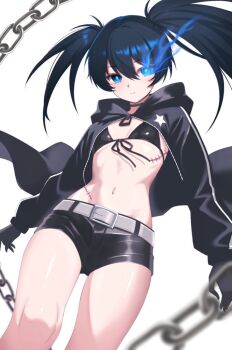  belt bikini bikini_top_only black_coat black_rock_shooter black_rock_shooter_(character) black_shorts chain coat flaming_eye front-tie_bikini_top front-tie_top glowing glowing_eye hashtag-only_commentary j6ej0 long_hair no_shirt open_clothes open_coat scar shorts star_(symbol) swimsuit twintails uneven_twintails white_background 