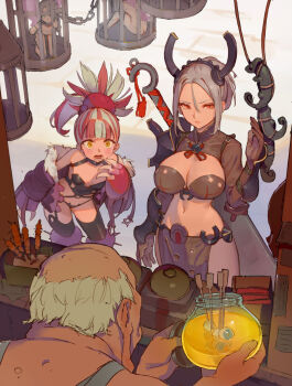  1boy 2girls bald breasts cage caved_(touhou) chain cleavage eyeball food from_behind grey_hair highres holding large_breasts long_hair looking_at_another midriff mini_person minigirl multicolored_hair multiple_girls navel old old_man original pelvic_curtain short_hair small_breasts timbougami 