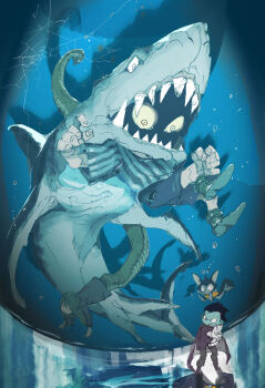  1girl 1other 2boys air_bubble animal_costume black_hair bubble commentary_request crack cracked_glass demizu_posuka glowing glowing_eyes green_hair highres looking_down multiple_boys open_mouth original shadow shark_costume snake_girl 