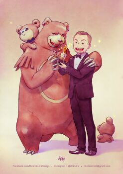  1boy ^_^ academy_award_of_merit award bear black_hair black_ribbon blue_ribbon bow bowtie brown_hair claws closed_eyes collar congratulations email_address evolutionary_line facial_hair fangs formal_clothes gen_2_pokemon hand_on_another's_shoulder happy hollywood jewelry leonardo_dicaprio long_sleeves neck_ribbon nintendo open_mouth pokemon pokemon_(creature) ribbon ricardo_lira short_hair smile sparkle standing suit teddiursa teeth the_academy_awards the_revenant trophy tuxedo twitter_username ursaring watermark web_address 