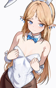 1girl absurdres animal_ears bare_shoulders blonde_hair blue_bow blue_bowtie blue_eyes blush bow bowtie breasts brown_pantyhose cartethyia_(wuthering_waves) closed_mouth covered_navel cowboy_shot detached_collar earrings facial_mark fake_animal_ears forehead_mark hairband highres jewelry leotard long_hair looking_at_viewer mole mole_on_armpit mole_on_breast pantyhose parted_bangs playboy_bunny pointy_ears rabbit_ears ryeon_(naturesan) simple_background small_breasts solo strapless strapless_leotard traditional_bowtie very_long_hair white_background white_hairband white_leotard wrist_cuffs wuthering_waves rating:Sensitive score:20 user:danbooru