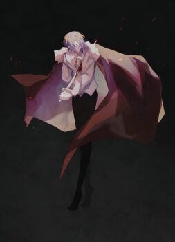  1boy absurdres arm_behind_back black_background black_pants black_shoes bleeding blonde_hair blood blood_drip blood_on_clothes blood_sword bowing cape closed_eyes commentary crossed_legs curtsey dress_shirt embers expressionless facing_to_the_side full_body fur-trimmed_cape fur_trim grey_hair highres holding holding_sword holding_weapon impaled injury male_focus original pants red_cape red_ribbon ribbon self-harm shirt shoes sword tiptoes turning_head untucked_shirt vignetting weapon white_shirt wind yuhan_(hyh6217) 